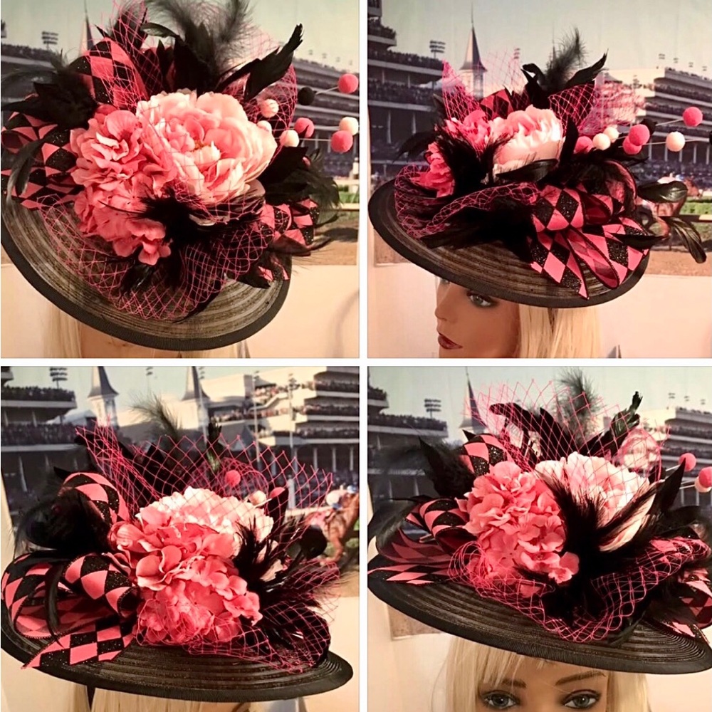 Black Wide-Brim Hat with Pink Floral and Feather Accents